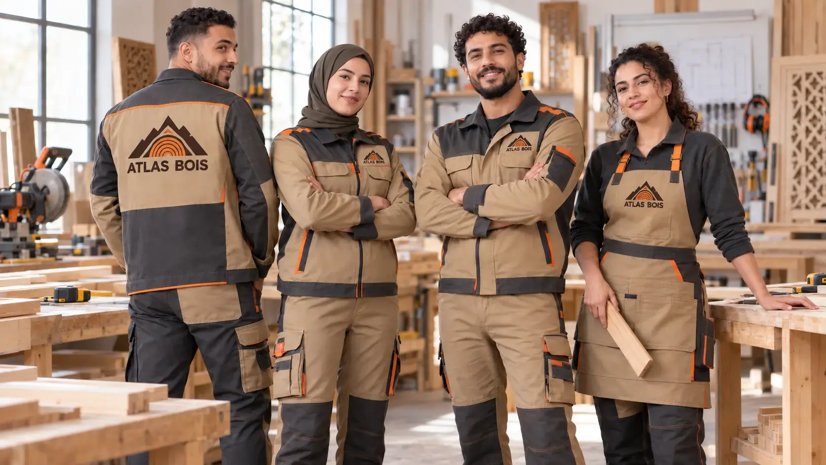 Carpentry team wearing customized workwear