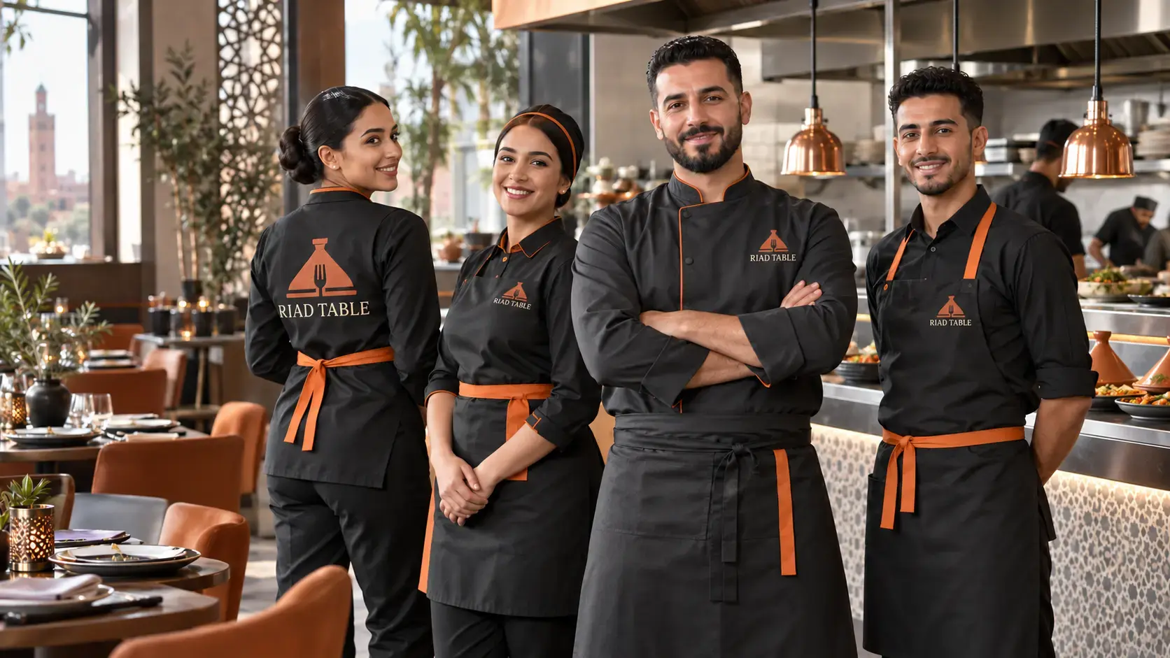 Restaurant team wearing customized professional uniforms